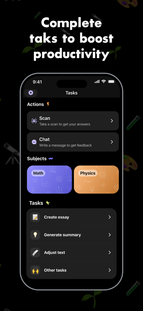 Homework Helper: Scan & solve - L'écran Tâches de l'application Aide aux devoirs présentant des outils de scan et de chat ainsi que des vignettes de matières pour les mathématiques et la physique.