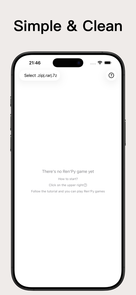 RenPyEmu for Ren'Py - Aplicación RenPyEmu en iPhone mostrando la pantalla de importación de archivos del juego