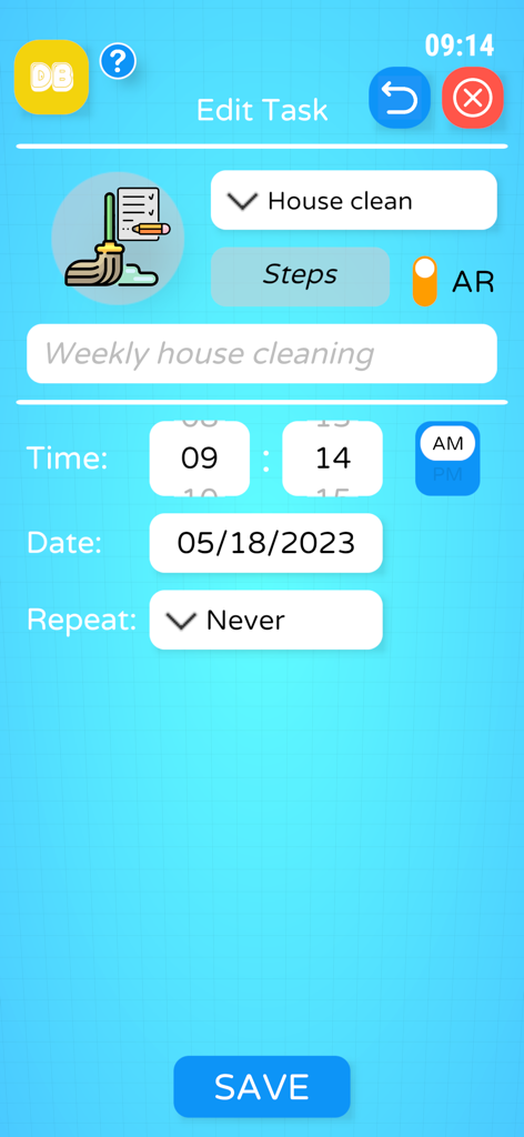 Daily Buddy - Interfaz de la aplicación Daily Buddy para editar una tarea de limpieza del hogar con opciones de programación de tiempo y RA