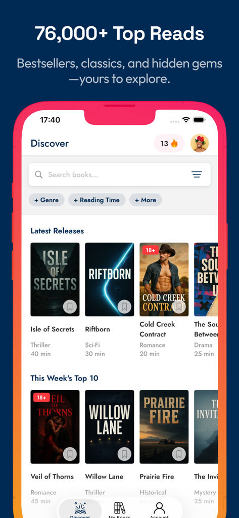 Interface of the FreeBooks app displaying the Discover section with book categories and trending titles.