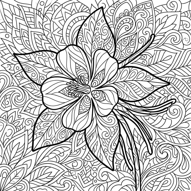 Discover the serene beauty of a Columbine flower intricately designed with mesmerizing Zentangle patterns. This detailed coloring page offers a perfect escape for mindful relaxation and creative expression.