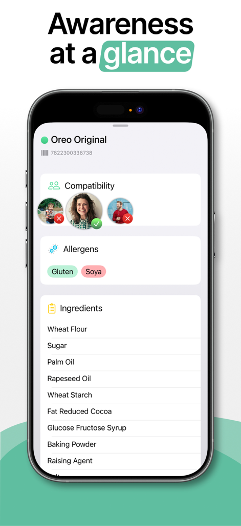 Food Scanner - Allergen Check - Pantalla de la aplicación móvil mostrando la compatibilidad del producto y la verificación de alérgenos para múltiples perfiles familiares