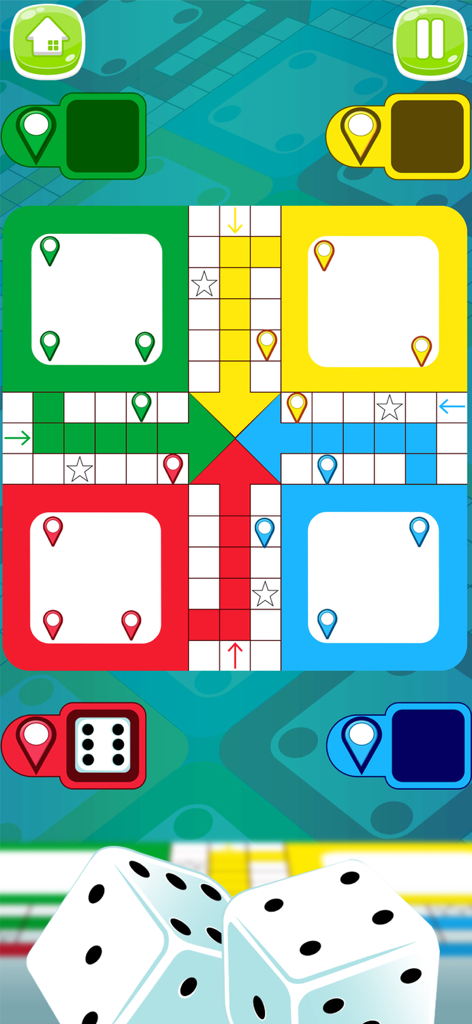 Ludo star : super dice game - Interface digital do jogo de tabuleiro Ludo com quadrados coloridos e dados brancos rolando