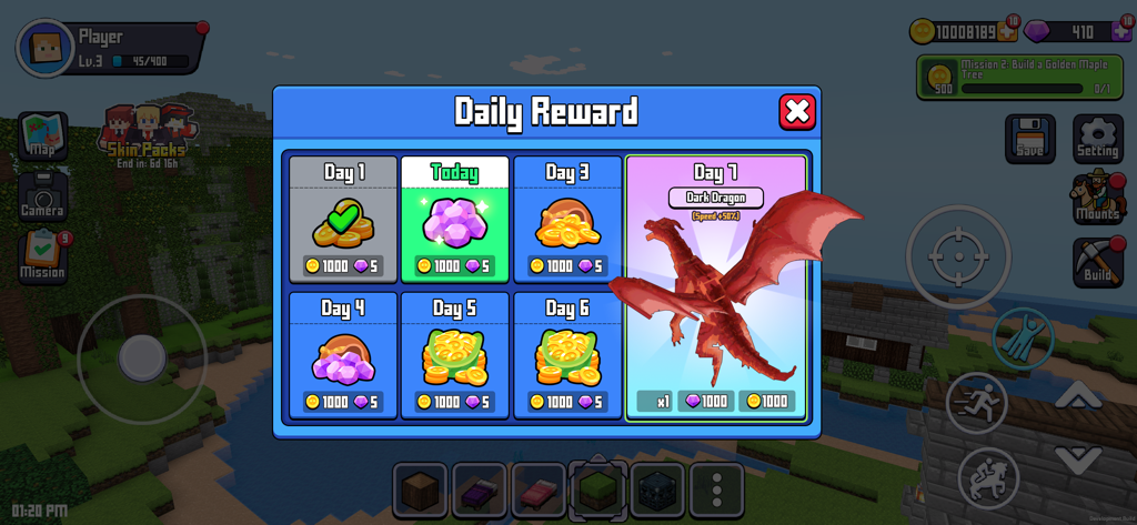 Daily reward pop-up window in the Craft Explore Block Builder game showing a red dragon mount