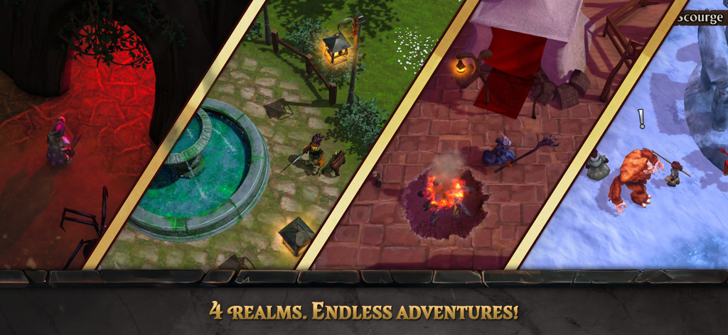 FATE: Reawakened - Une vitrine en écran divisé diagonalement de quatre environnements de jeu différents dans FATE Reawakened, comprenant un donjon, une place de ville, un camp dans le désert et une toundra enneigée.