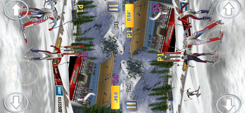 Split-screen multiplayer skiing gameplay in Athletics 2 Winter Sports Pro.