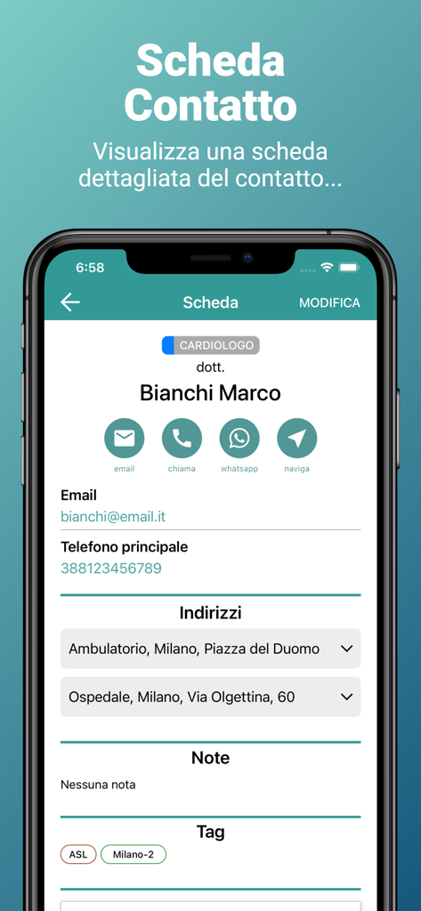 ISF Agenda Lite - A detailed contact card in the ISF Agenda Lite app showing doctor information with quick action buttons for communication and navigation.