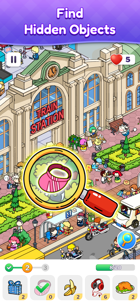 Captura de tela da jogabilidade de Objetos Escondidos Procure e Encontre mostrando uma cena movimentada de estação de trem com uma lupa destacando uma viseira rosa