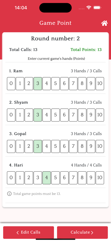 Marriage Point Calculator app scoring screen showing point entry for multiple players during a game round.