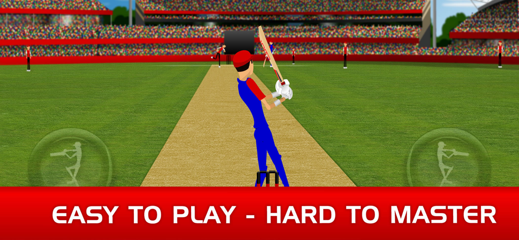 Stick Cricket Classic - A stick figure batsman ready to hit a ball in a cricket stadium with the text easy to play hard to master