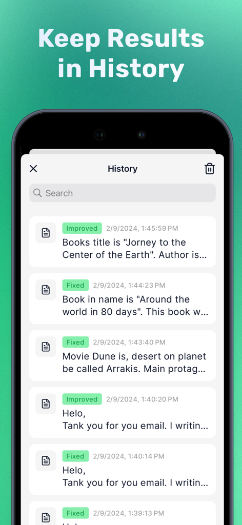 History screen of the grammar correction app showing a list of fixed and improved writing entries with timestamps