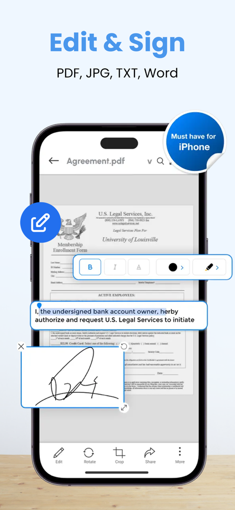 PDFスキャナーアプリのインターフェースで、iPhone上でデジタルドキュメントのテキストを編集したり署名を追加したりする方法を示しています。