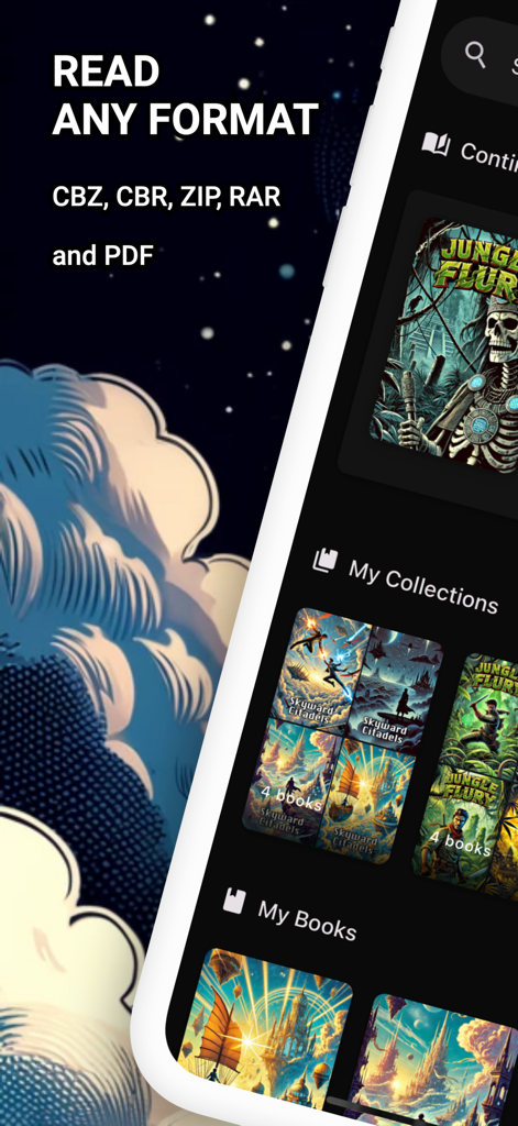Interface do aplicativo leitor de quadrinhos mostrando suporte para formatos CBZ CBR e PDF com uma biblioteca digital organizada