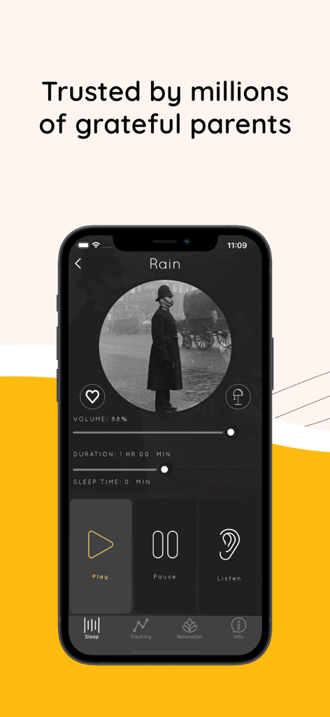 Sound Sleeper Baby White Noise - Mobile screen showing the Sound Sleeper app rain sound player with volume and duration controls and a listen feature button