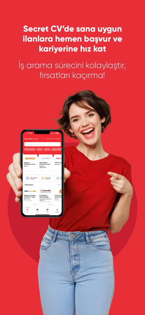 Secretcv - İş İlanı Ara & Bul - A smiling woman holding a smartphone that displays job listings from major Turkish companies on the Secretcv mobile app interface