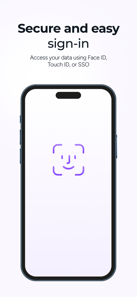 Drooms - Écran de connexion sécurisée de l'application Drooms utilisant Face ID et SSO pour l'accès aux données confidentielles