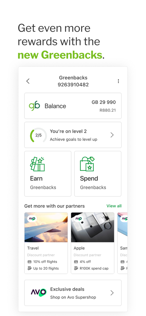 Nedbank Money - Nedbank Money app screen showing the Greenbacks rewards dashboard with balance and shopping discounts