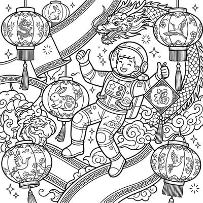 Embark on an out-of-this-world coloring journey with this exciting Taikonaut Lunar New Year design. This intricate page blends space exploration with vibrant festive traditions for a truly unique experience.