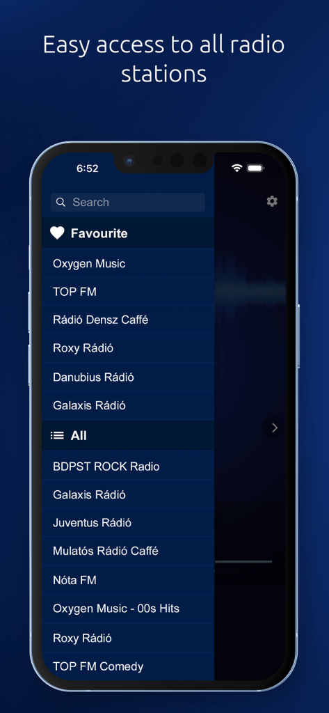 HU Radio - HU Radio app interface showing a list of Hungarian radio stations with a favorites section and search bar
