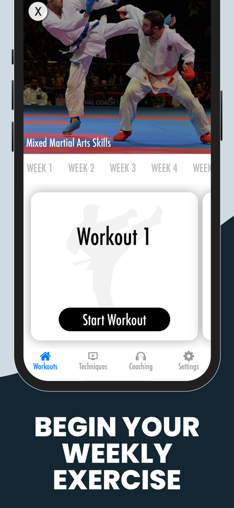 Mobile app screen for Mixed Martial Arts training showing a weekly workout schedule