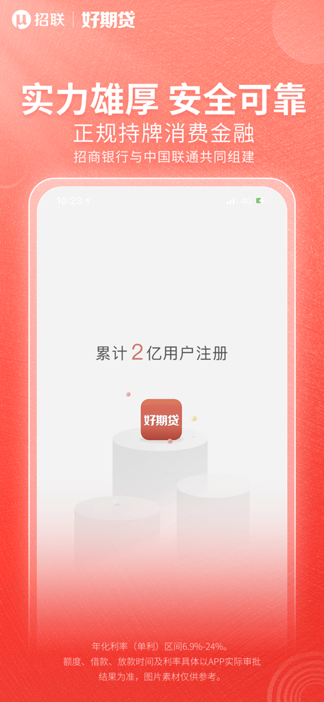 Promotional banner for Merchants Union Haoqidai loan app highlighting safety reliability and 200 million users