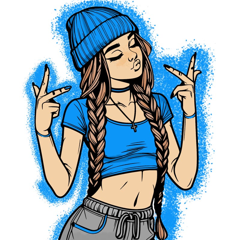 realistic teenage girl with braids and a beanie and crop top doing 🫶🏼