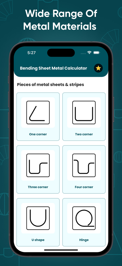Bending Sheet Metal Calculator - Interface of the Bending Sheet Metal Calculator app showing various metal bend options like corners, U-shapes, and hinges.