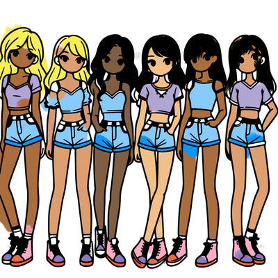 a group of girls wearing crop tops and shorts