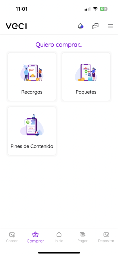 モバイルリチャージ、データパッケージ、デジタルコンテンツバウチャーの購入用Veci-App画面。