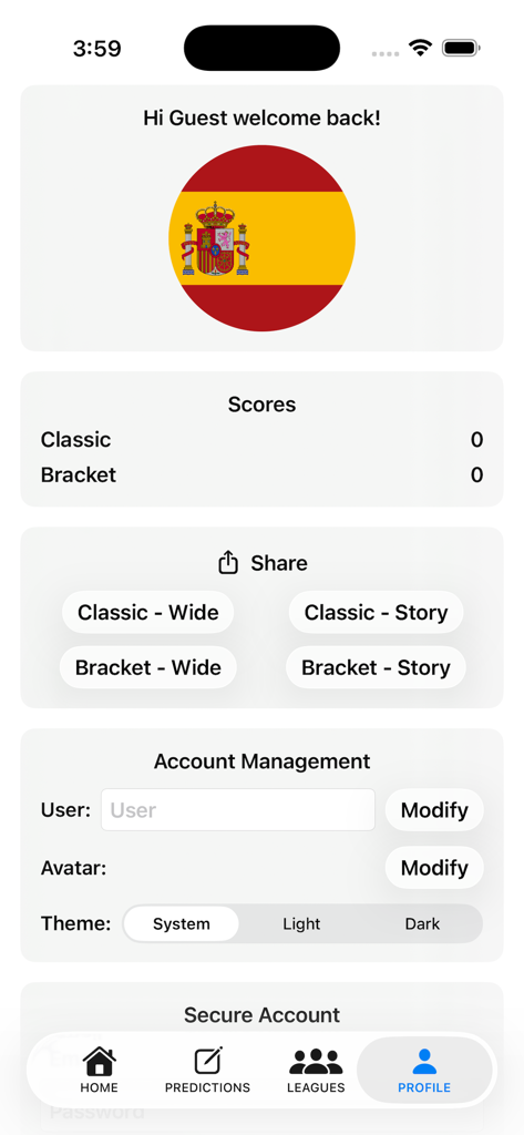 User profile screen of the WC 2026 Predictor app showing scores and account settings
