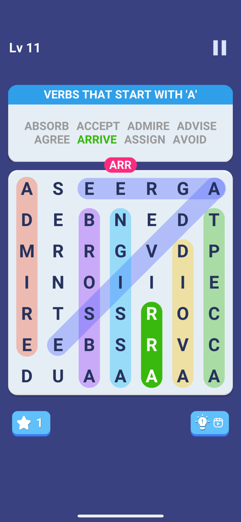 Mini Games : No Wifi Games - A word search puzzle from the Mini Games collection showing a grid of letters with a list of verbs starting with A to find