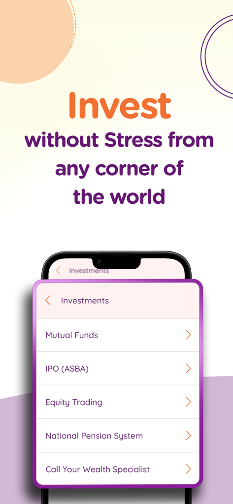 AU 0101: Banking App, UPI, FD - Pantalla de inversión de la aplicación AU 0101 que muestra opciones para fondos mutuos, OPV, negociación de acciones y el sistema nacional de pensiones con mensajes de acceso global.