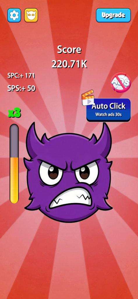 Fun Clicker. - Fun Clicker game screen with a purple angry emoji and score status