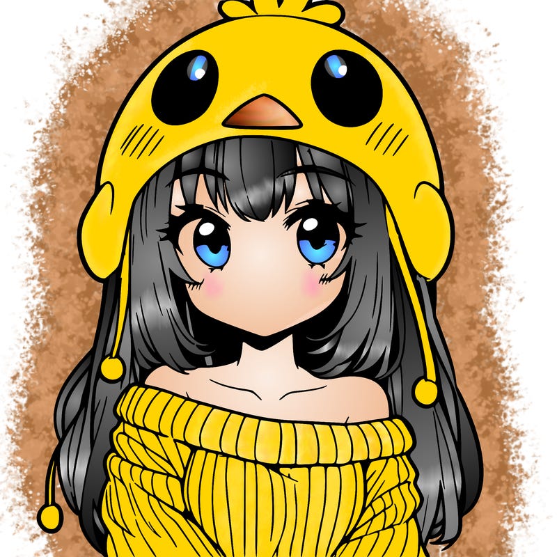 anime girl with chick shaped hat with sweater with bare shoulders with bangs covering them one eye with low tail
