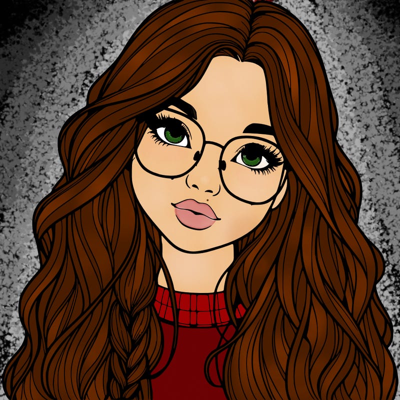 girl with long hair and freckles and glasses realistic