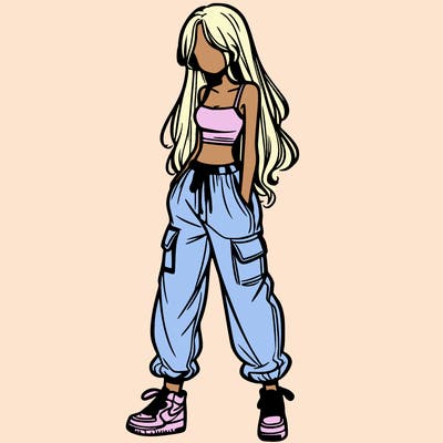 girl in baggy pants crop top and long hair