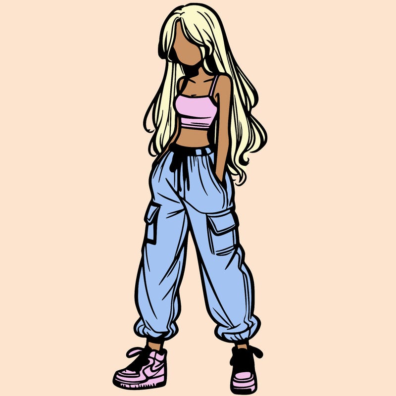 girl in baggy pants crop top and long hair