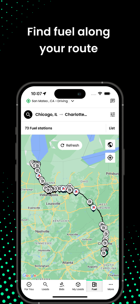 RXO Drive: Free Load Board - RXO Drive app map showing fuel stations along a trucking route