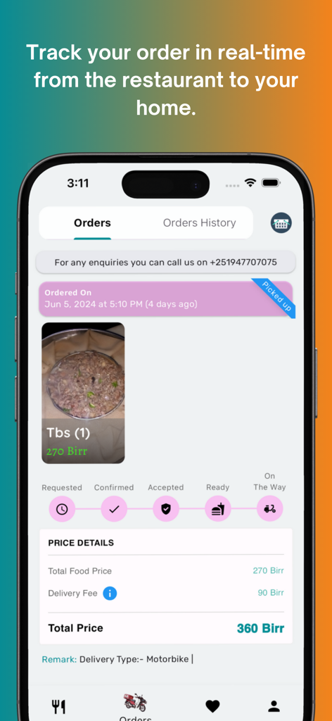 Esoora Food Delivery - Esoora app screen showing real-time food delivery tracking and order price in Birr