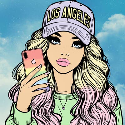 realistic beautiful girl wearing los ángeles cap holding an iphone