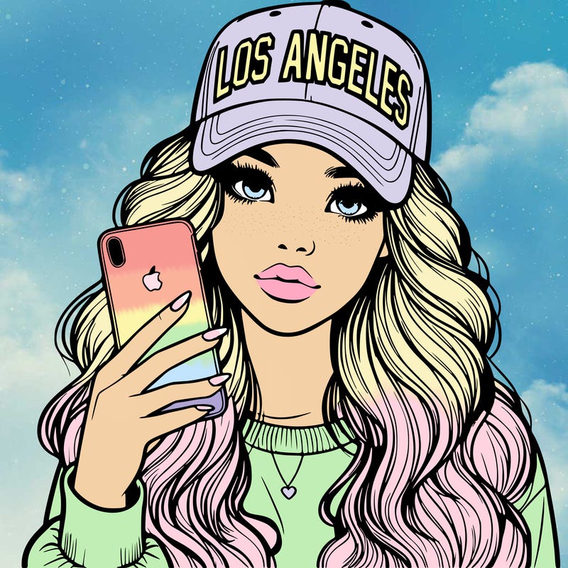 realistic beautiful girl wearing los ángeles cap holding an iphone