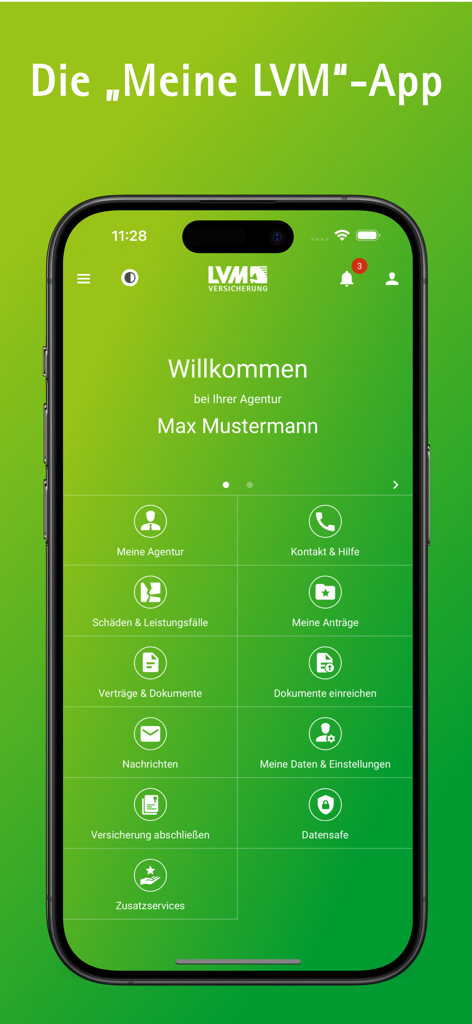 Meine LVM - Main dashboard of the Meine LVM insurance app with a green user interface on a smartphone