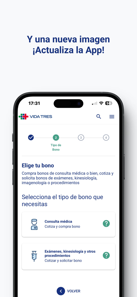 Interfaz de la app Vida Tres para seleccionar bonos de consulta médica o examen.