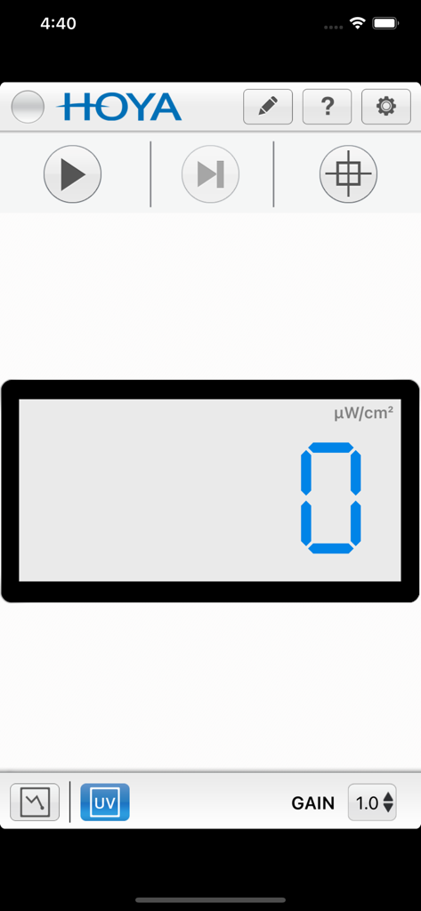 Hoya BC Sensor - Hoya BC Sensor app interface showing a digital display for measuring UV radiation