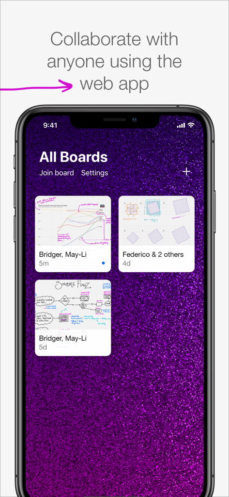 Scribble Together Whiteboard - Benutzeroberfläche der Scribble Together Whiteboard App auf einem Telefon zeigt verschiedene kollaborative Boards.