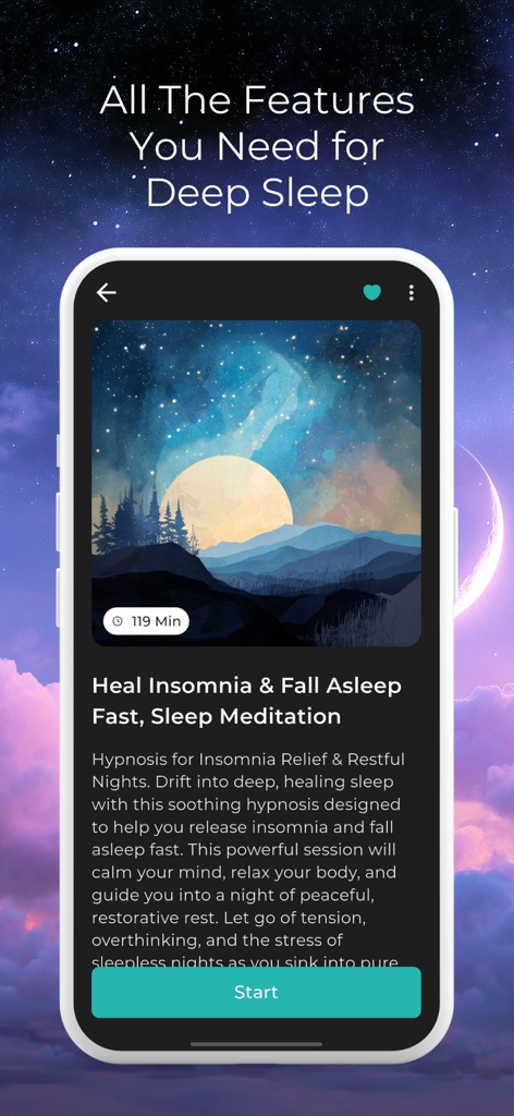 Sleep Time: Sleep Meditations - A screenshot of the Sleep Time app featuring a meditation titled Heal Insomnia and Fall Asleep Fast with a moonlit mountain background.