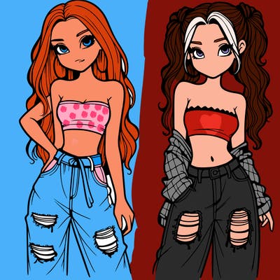 2 girls in crop tops and baggy jeans ripped