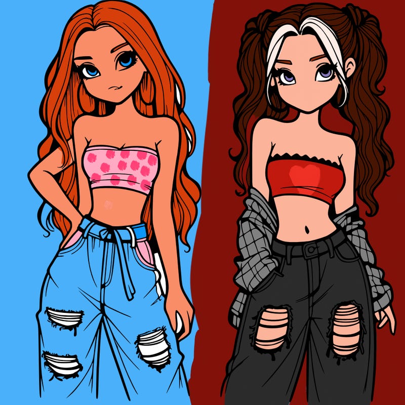 2 girls in crop tops and baggy jeans ripped
