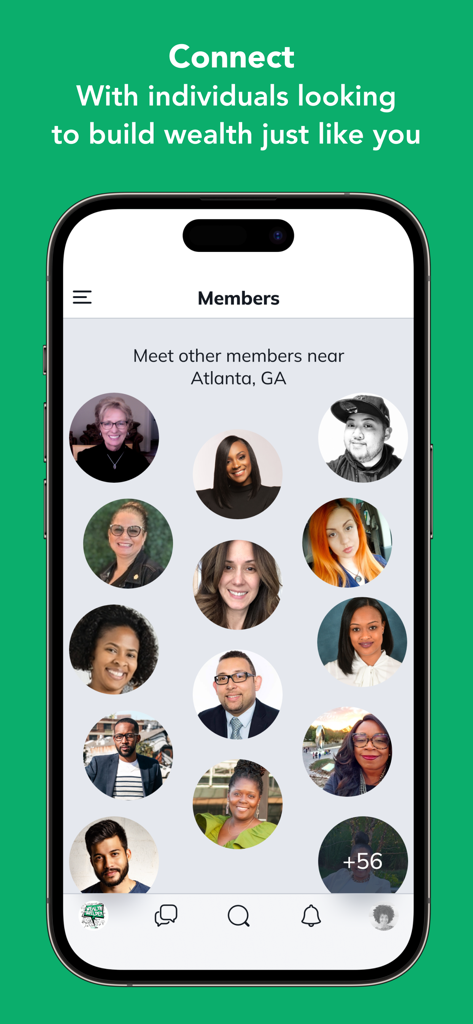 Pantalla de la aplicación Comunidad WealthBuilders que muestra miembros de la comunidad local en Atlanta para networking y crecimiento financiero