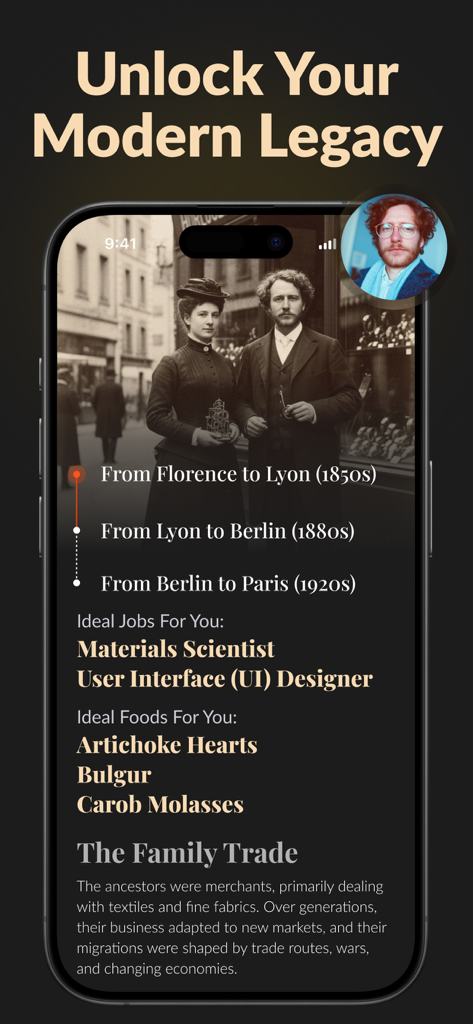 True Heritage & Ancestry: EDNA - True Heritage und Ancestry EDNA App-Oberfläche, die die Migrationsgeschichte der Ahnenzeitleiste und Ratschläge für moderne Karrieren zeigt
